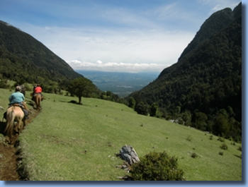 Group of riders on mountain trail on a half day ride in Pucon, Chile